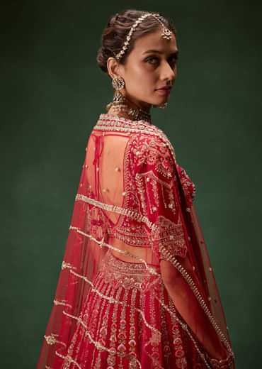 Red Bridal Lehenga With Intricate Hand Embroidery And Double Dupatta Drape