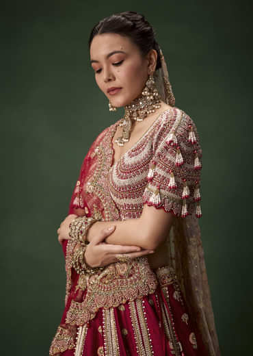 Red Bridal Raw Silk Patchwork Lehenga Set with Two Dupattas