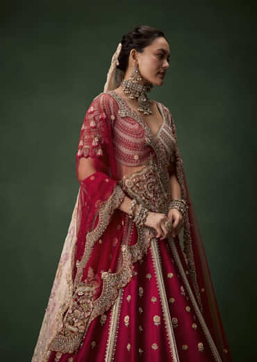 Red Bridal Raw Silk Patchwork Lehenga Set with Two Dupattas