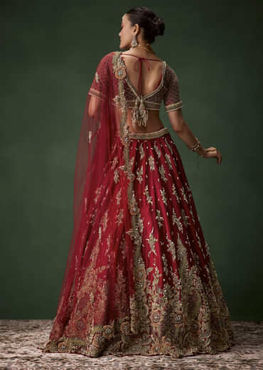 Red Bridal Sequin Silk Lehenga Set with  Two Dupattas