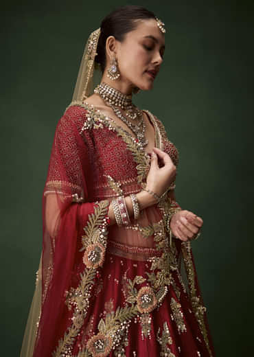 Red Bridal Sequin Silk Lehenga Set with  Two Dupattas