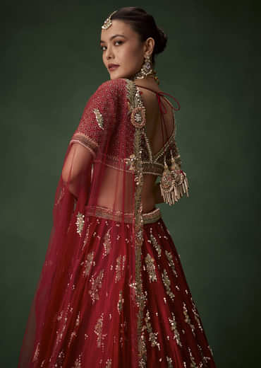 Red Bridal Sequin Silk Lehenga Set with  Two Dupattas