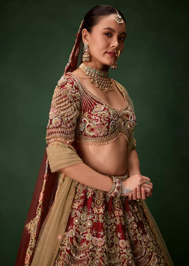 Red Bridal Sequins Silk Lehenga Set with  Two Dupattas