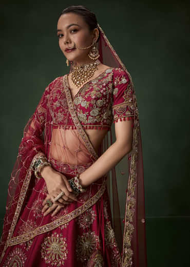 Red Bridal Silk Lehenga Set with Dupattas