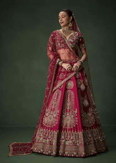 Red Bridal Silk Lehenga Set with Dupattas