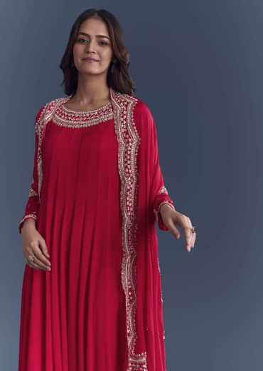 Red Chinon Anarkali Suit With Cutdana And Sequins Embroidery