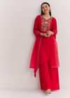 Red Chinon Asymmetrical Palazzo Suit With Embroidery