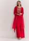 Red Chinon Asymmetrical Palazzo Suit With Embroidery