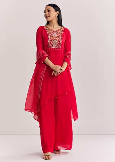 Red Chinon Asymmetrical Palazzo Suit With Embroidery