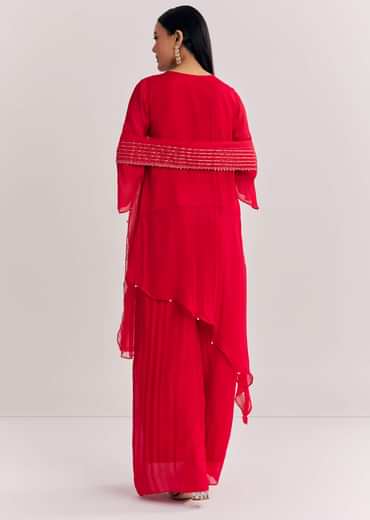 Red Chinon Asymmetrical Palazzo Suit With Embroidery