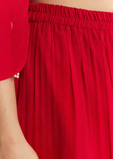 Red Chinon Asymmetrical Palazzo Suit With Embroidery