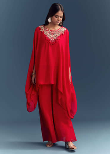 Red Chinon Cape Top And Palazzo Set With Zardosi Work