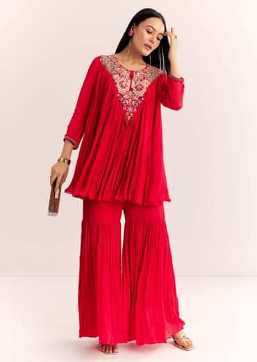 Red Chinon Flared Kurta Sharara With Thread Work