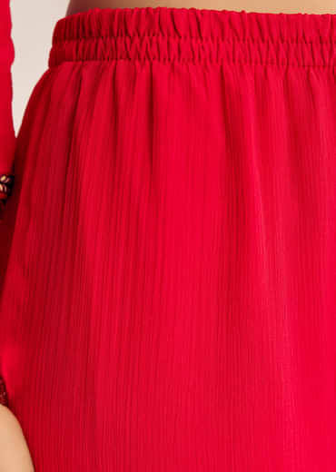 Red Chinon Flared Kurta Sharara With Thread Work
