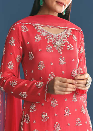 Red Chinon Kurta Sharara Suit With Moti And Cutdana Work