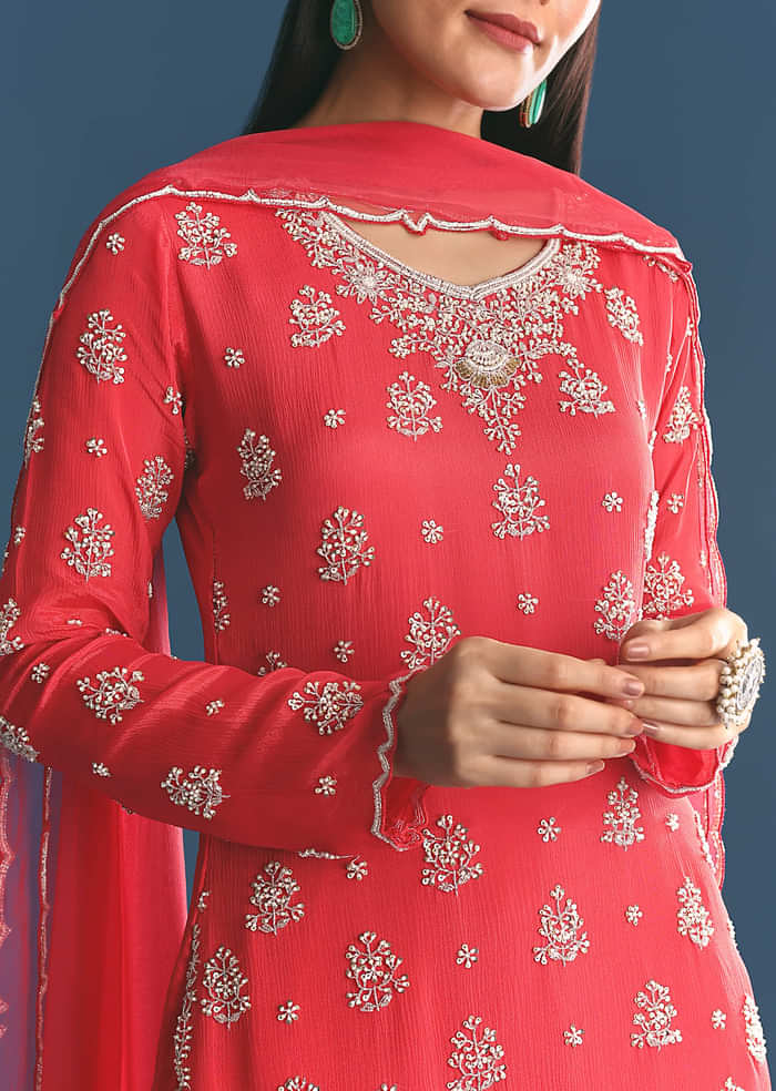 Red Chinon Kurta Sharara Suit With Moti And Cutdana Work
