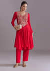 Red Chinon Peplum Kurta Set With Zardosi Work