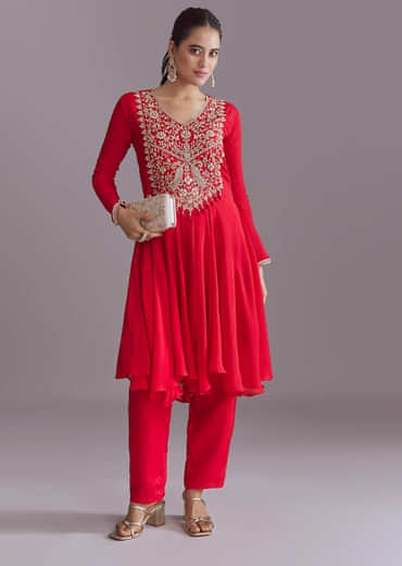 Red Chinon Peplum Kurta Set With Zardosi Work