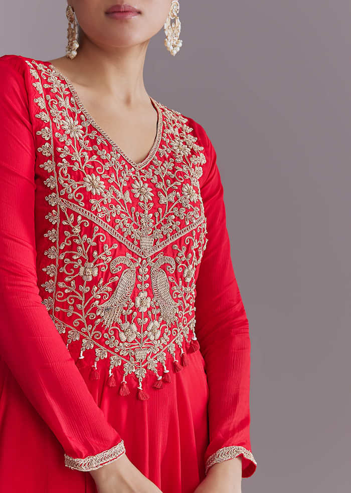 Red Chinon Peplum Kurta Set With Zardosi Work