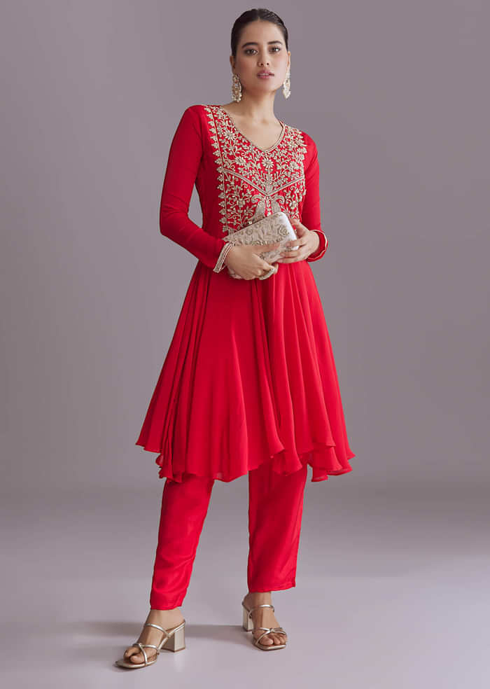 Red Chinon Peplum Kurta Set With Zardosi Work
