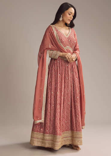 Red Chinon Printed Anarkali Suit With Heavy Embroidery