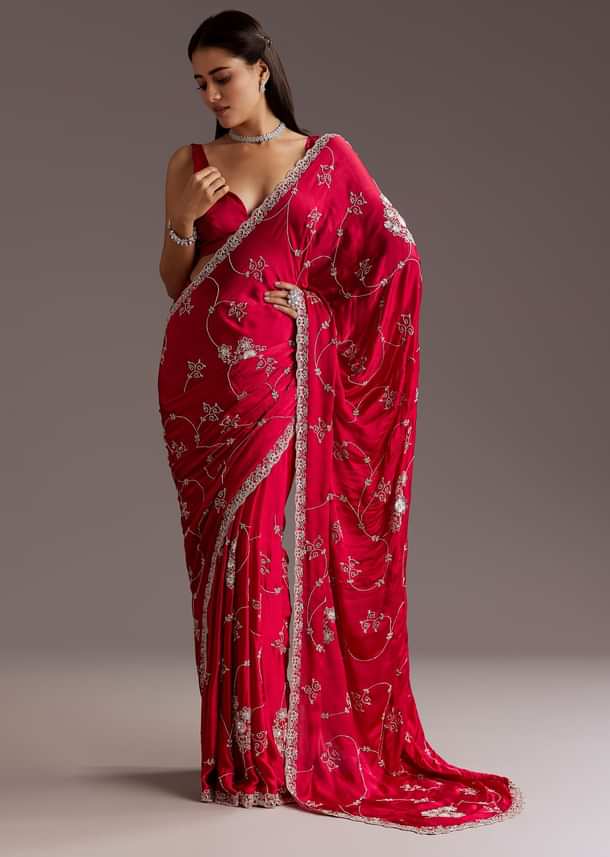 Red Chinon Saree With Floral Cutdana Sequins Jaal And Scallop Border