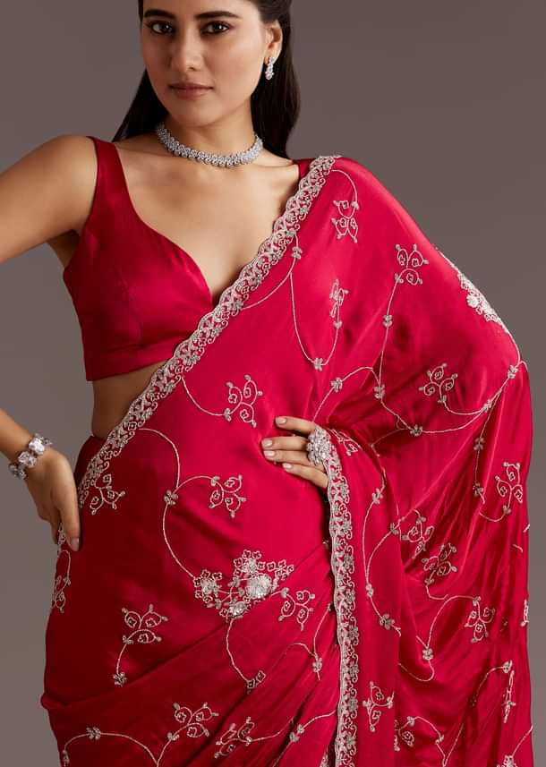 Red Chinon Saree With Floral Cutdana Sequins Jaal And Scallop Border