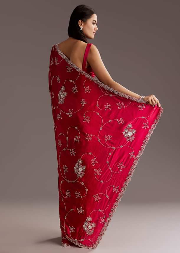 Red Chinon Saree With Floral Cutdana Sequins Jaal And Scallop Border