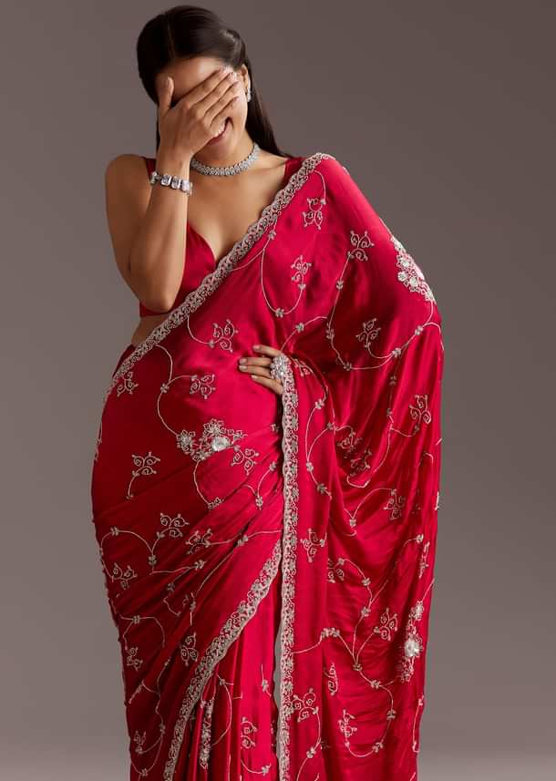 Red Chinon Saree With Floral Cutdana Sequins Jaal And Scallop Border
