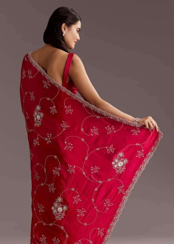 Red Chinon Saree With Floral Cutdana Sequins Jaal And Scallop Border