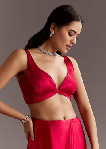 Red Chinon Saree With Floral Cutdana Sequins Jaal And Scallop Border