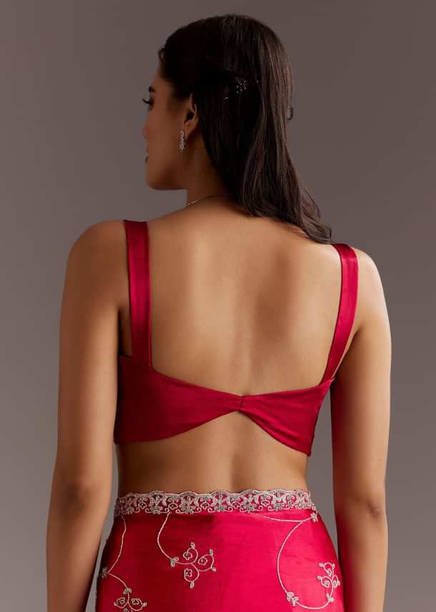 Red Chinon Saree With Floral Cutdana Sequins Jaal And Scallop Border