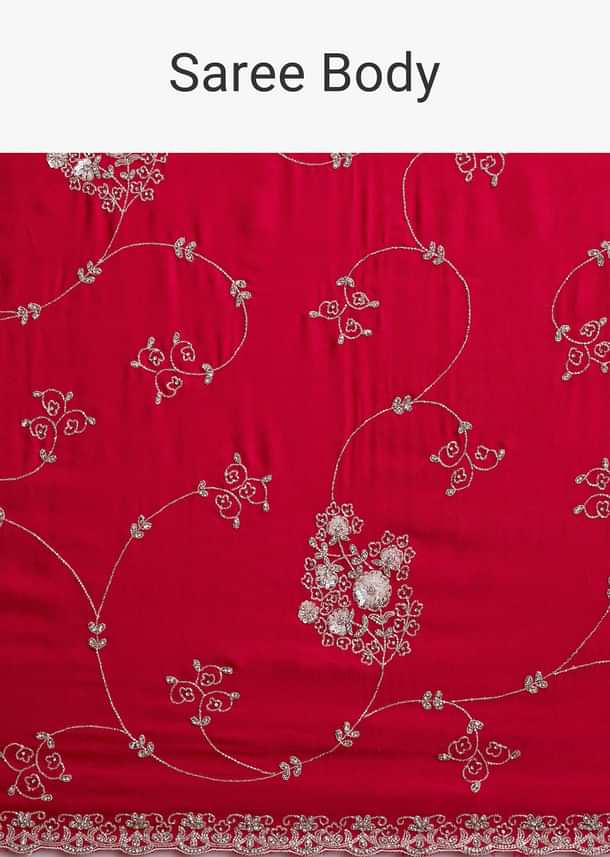 Red Chinon Saree With Floral Cutdana Sequins Jaal And Scallop Border
