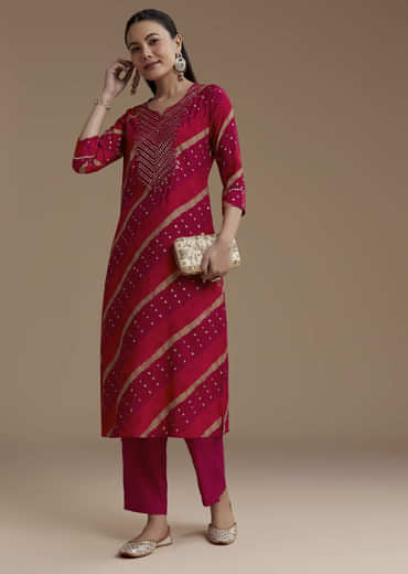 Red Cotton Silk Foil Mirror Kurta Set