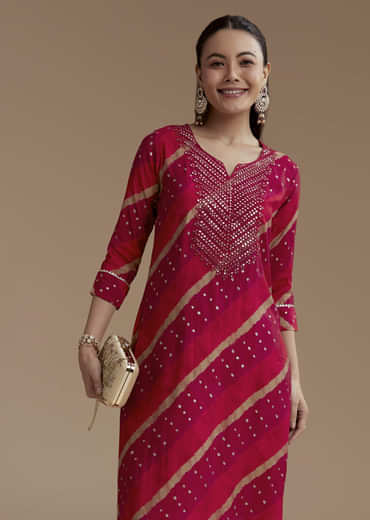 Red Cotton Silk Foil Mirror Kurta Set