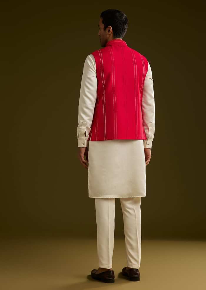 Red Cotton Silk Kurta Set With Nature Motif Jacket