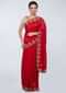 Red cotton silk saree in embroidered butti and border only on Kalki