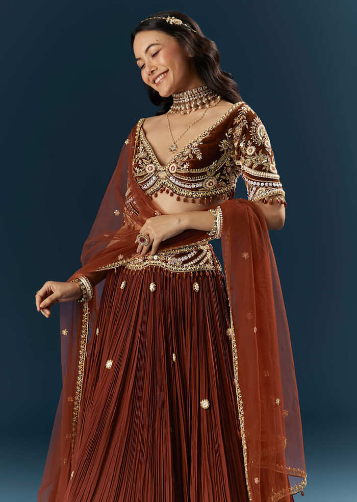 Red Crepe Bridesmaid Lehenga With Sequins And Stone Embroidery