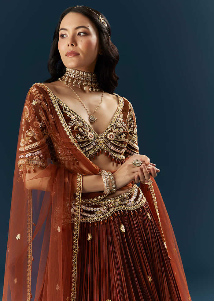 Red Crepe Bridesmaid Lehenga With Sequins And Stone Embroidery