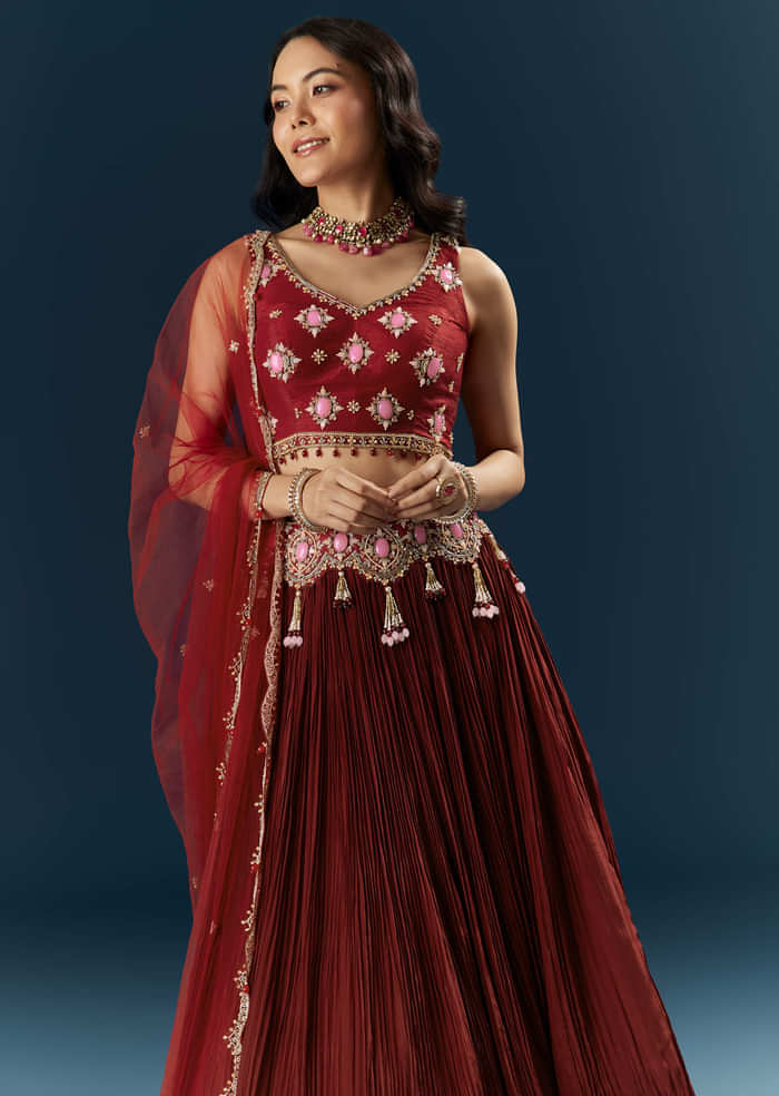 Red Crepe Bridesmaid Lehenga With Stone Work