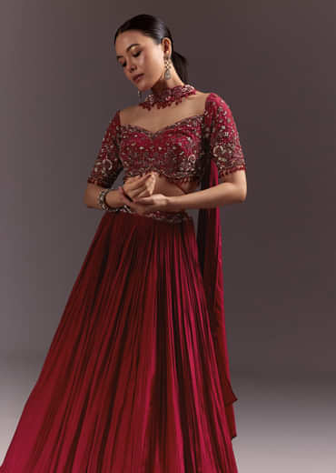 Red Crepe Hand Embroidered Lehenga Set With Dupatta