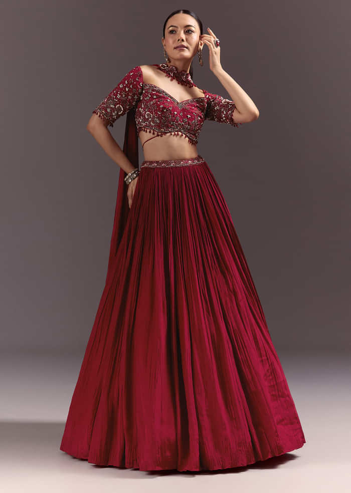 Red Crepe Hand Embroidered Lehenga Set With Dupatta