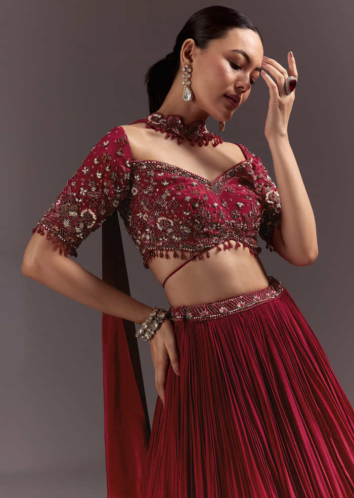 Red Crepe Hand Embroidered Lehenga Set With Dupatta