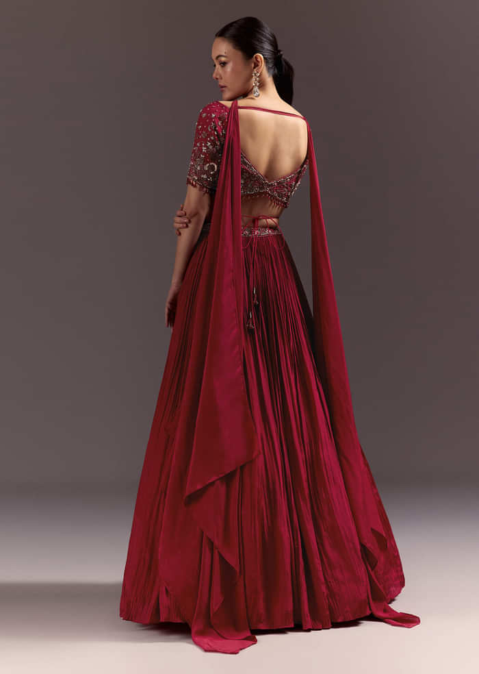 Red Crepe Hand Embroidered Lehenga Set With Dupatta