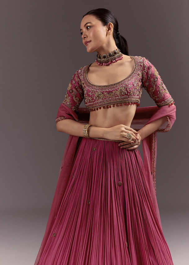 Red Crepe Lehenga Set With Hand Embroidery And Beads