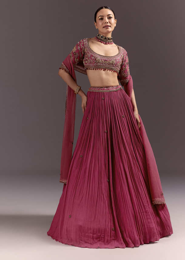 Red Crepe Lehenga Set With Hand Embroidery And Beads