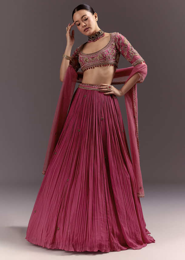 Red Crepe Lehenga Set With Hand Embroidery And Beads