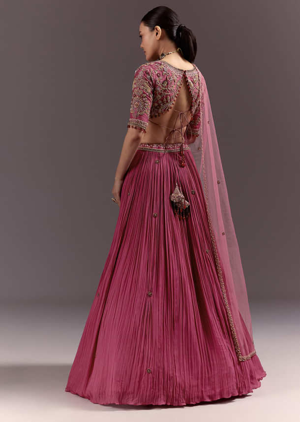 Red Crepe Lehenga Set With Hand Embroidery And Beads