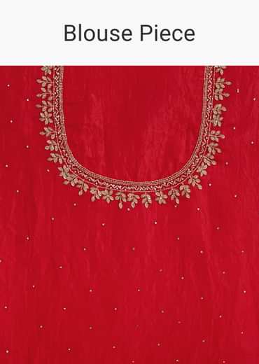Red Crushed Tissue Stone Embellished Saree With Cutdana Scallop Border