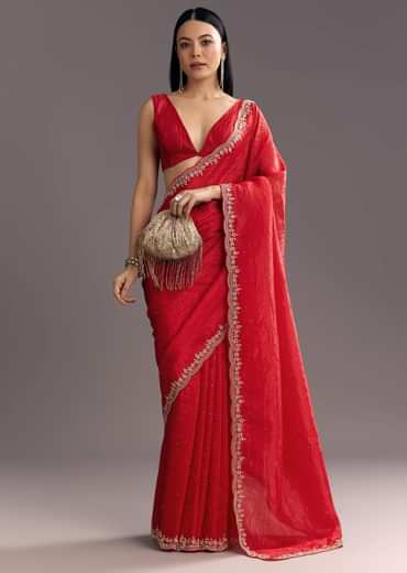 Red Crushed Tissue Stone Embellished Saree With Cutdana Scallop Border